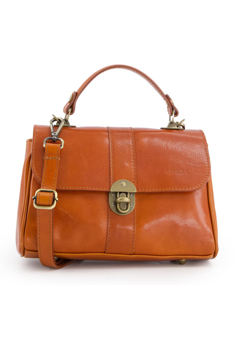 Venezia Geanta crossbody din piele naturala maro - 17x26x10cm - cu curea detasabila - 2 compartimente interioare