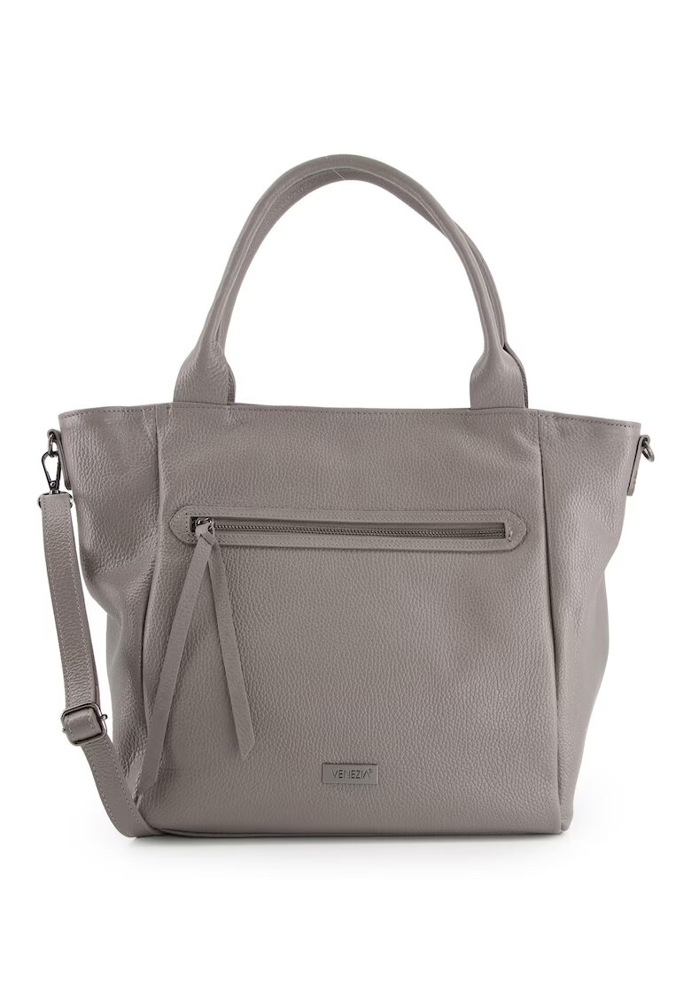 Venezia Geanta dama shopper gri - piele naturala - 34x44x12cm - cu 3 compartimente interioare - curea detasabila 105cm