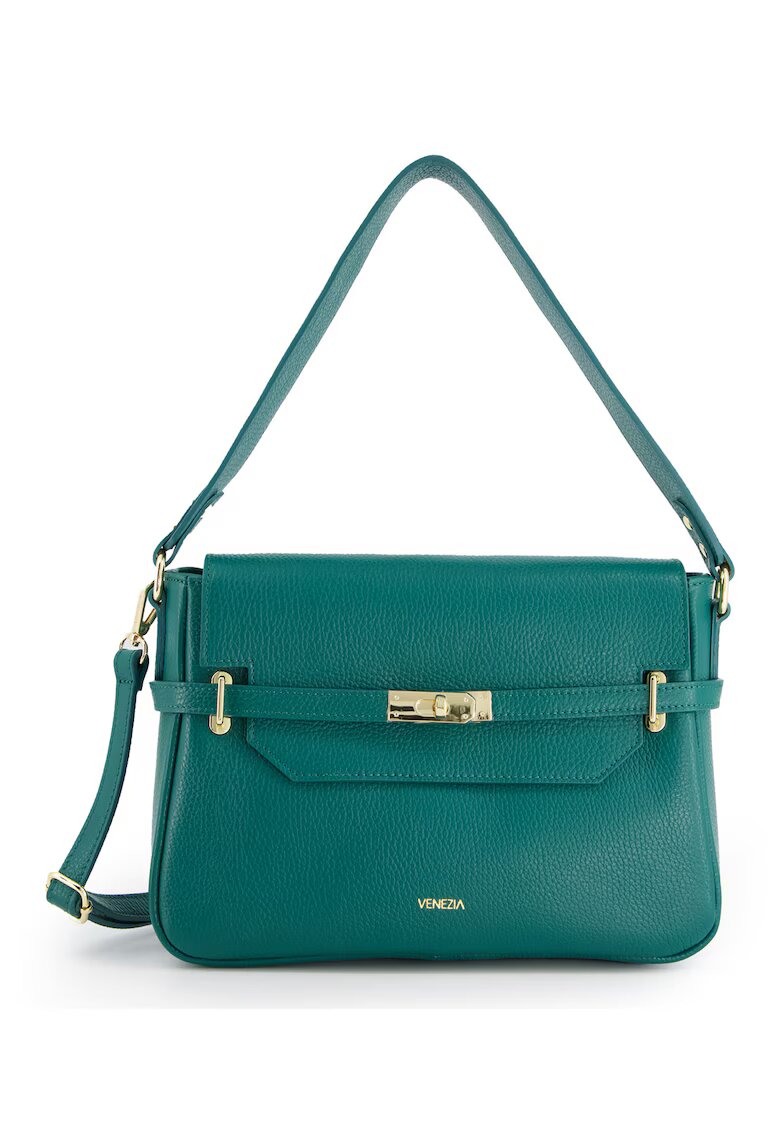 Venezia Geanta messenger din piele naturala verde - 31x22x12cm - cu 3 buzunare interioare - curea detasabila 117cm
