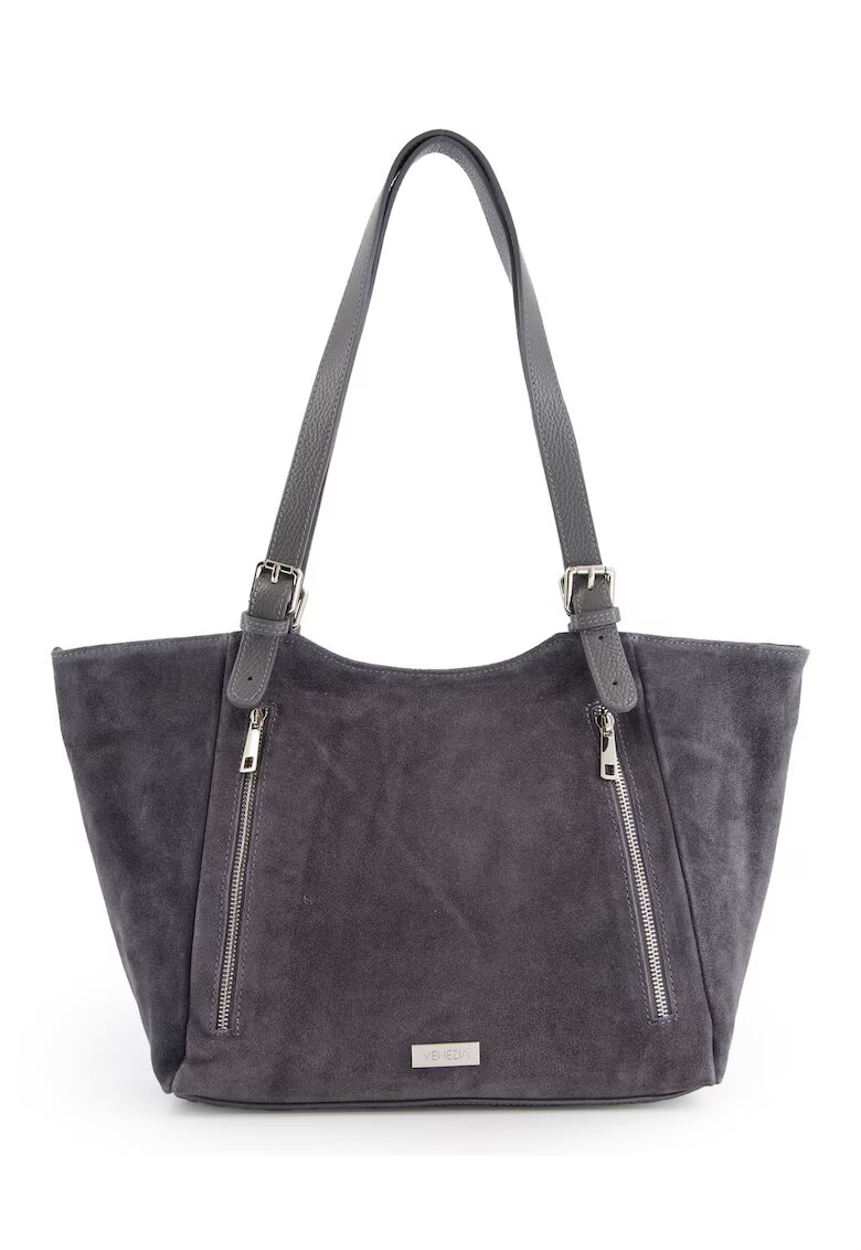 Venezia Geanta shopper dama gri din piele intoarsa - 2 buzunare interioare - 3 buzunare exterioare - 27x45x11cm - manere reglabile 75cm
