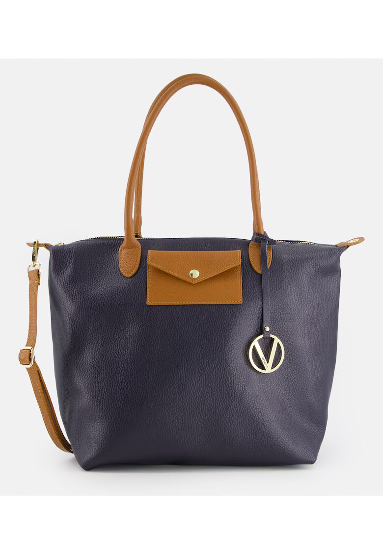 Venezia Geanta shopper din piele naturala albastra - cu detalii aurii - dimensiuni 34x41x19cm - curea detasabila.