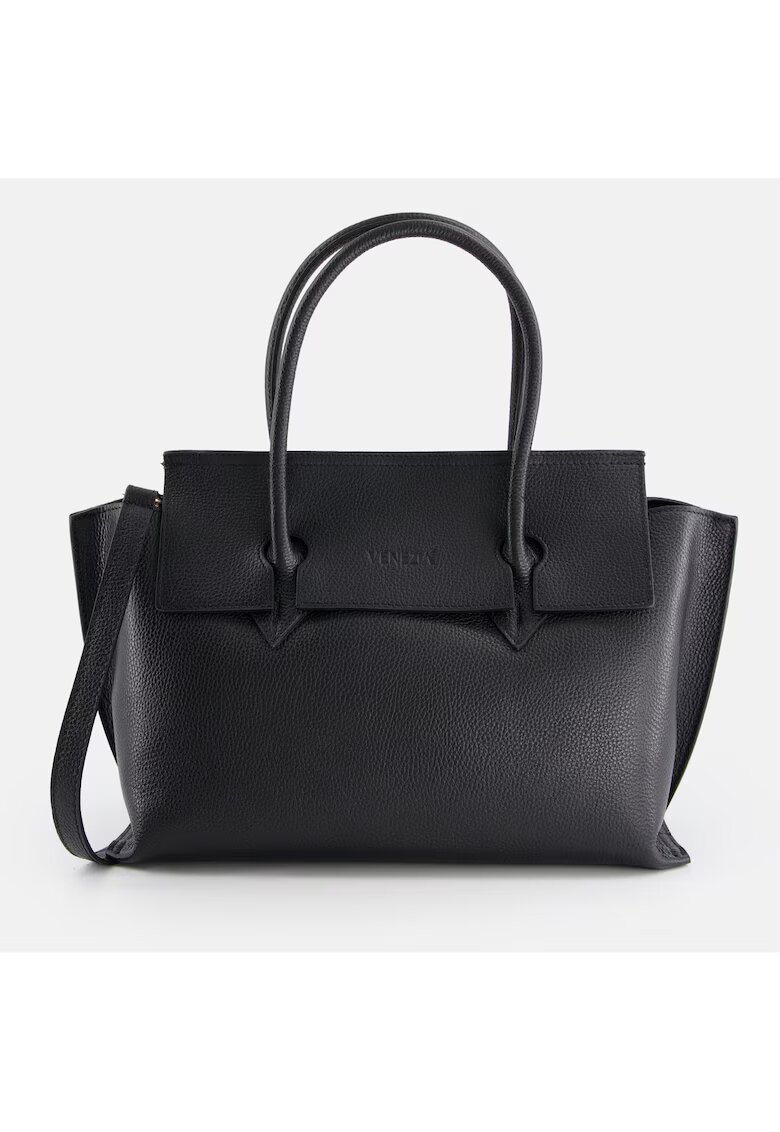Venezia Geanta shopper din piele naturala - neagra - 4 compartimente - dimensiuni 23x36x10cm - curea detasabila 111cm