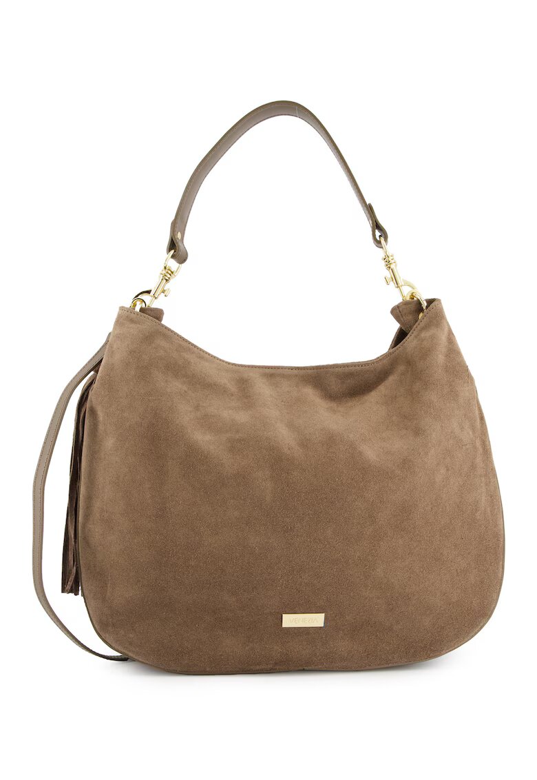 Venezia Geanta shopper piele intoarsa - maro - 33x43x10cm - detalii aurii - curea detasabila 117cm