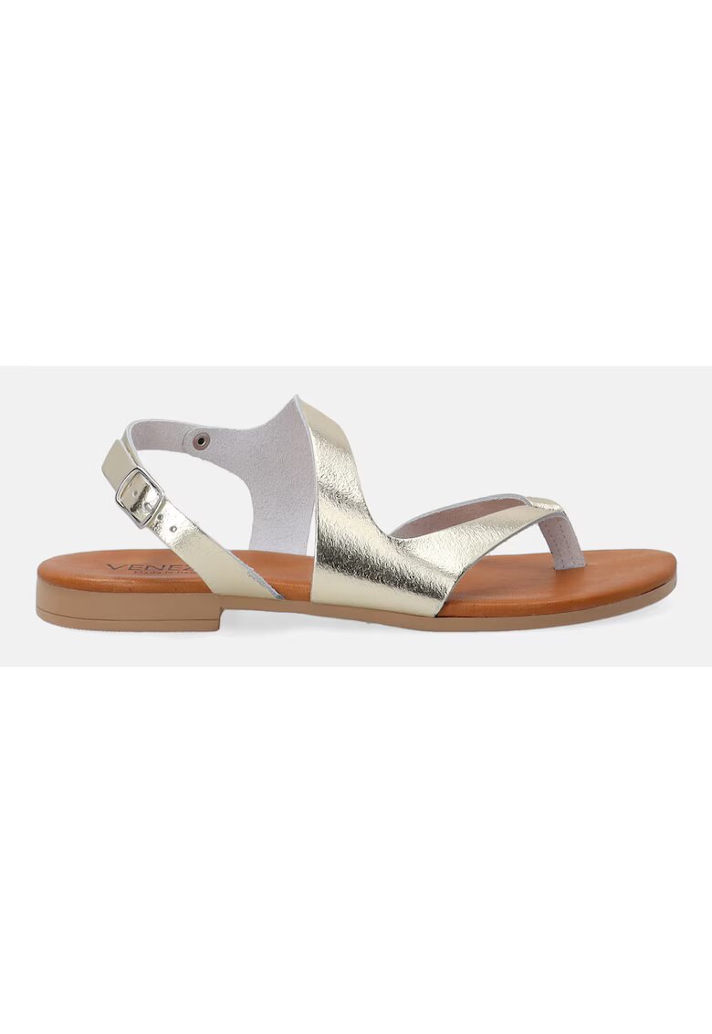 Venezia Sandale de piele cu aspect metalic si bareta in T
