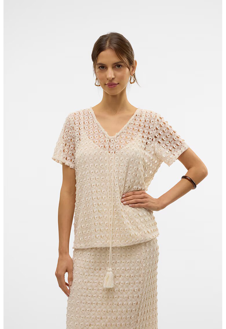 Vero Moda Bluza cu decolteu in V si maneci scurte - Bej