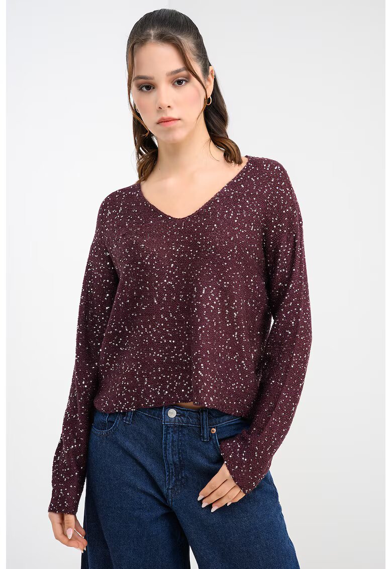 Vero Moda Pulover cu decolteu usor in V si paiete Leilani - Violet tyrian