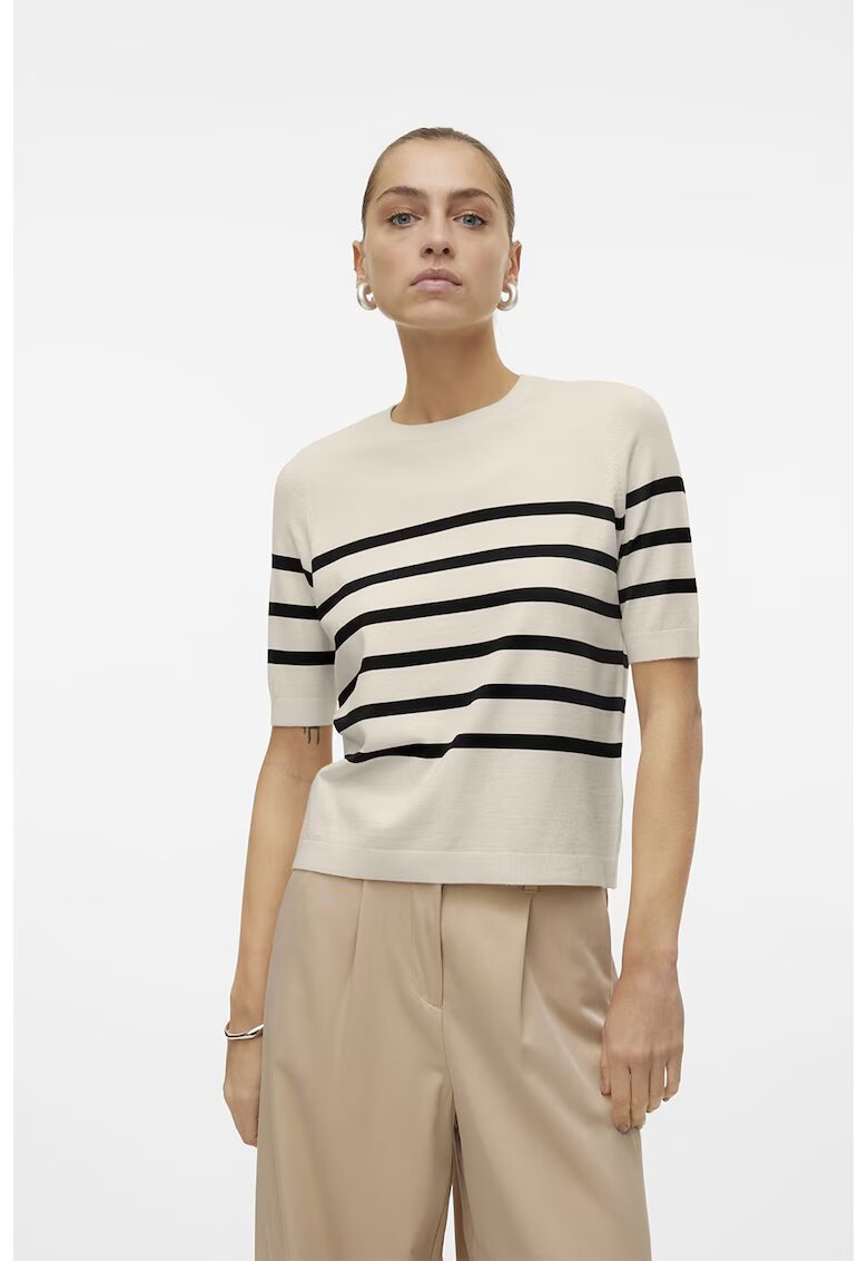 Vero Moda Pulover cu dungi si maneci scurte - Bej