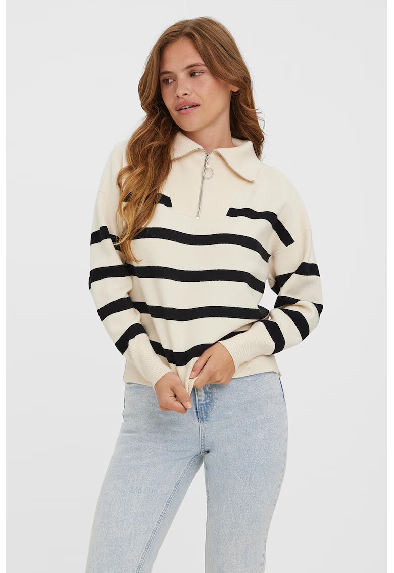 Vero Moda Pulover in dungi cu fermoar scurt - Alb fildes/Negru