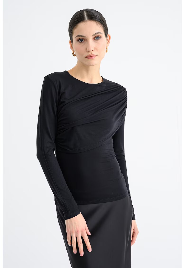Vila Bluza slim-fit cu fronseuri - Negru
