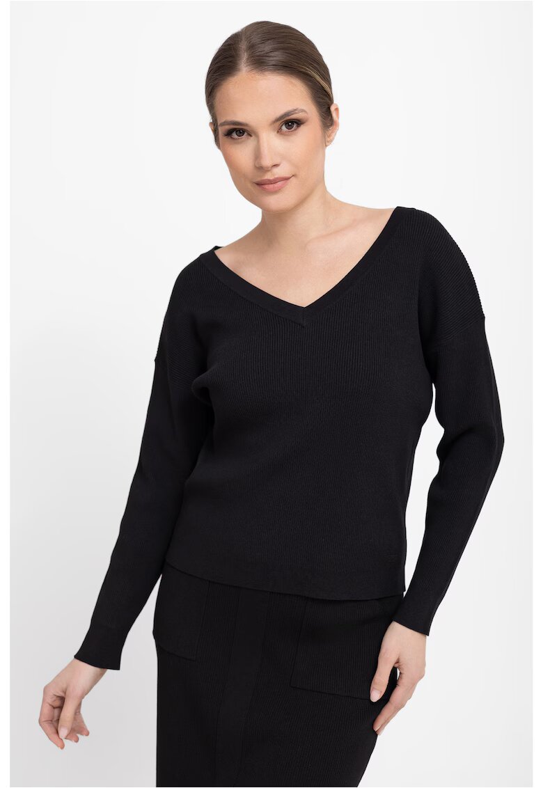 Volcano Pulover dama cu nervuri - cu decolteu in V - S-Tika - Regular Fit - Negru - Negru