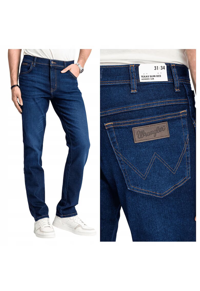 Wrangler Blugi Barbati - Texas - Slim Fit - Talie Medie - Fermoar - Lungi - 5 Buzunare - Bumbac - Elastan - W31-L34 US - Albastru