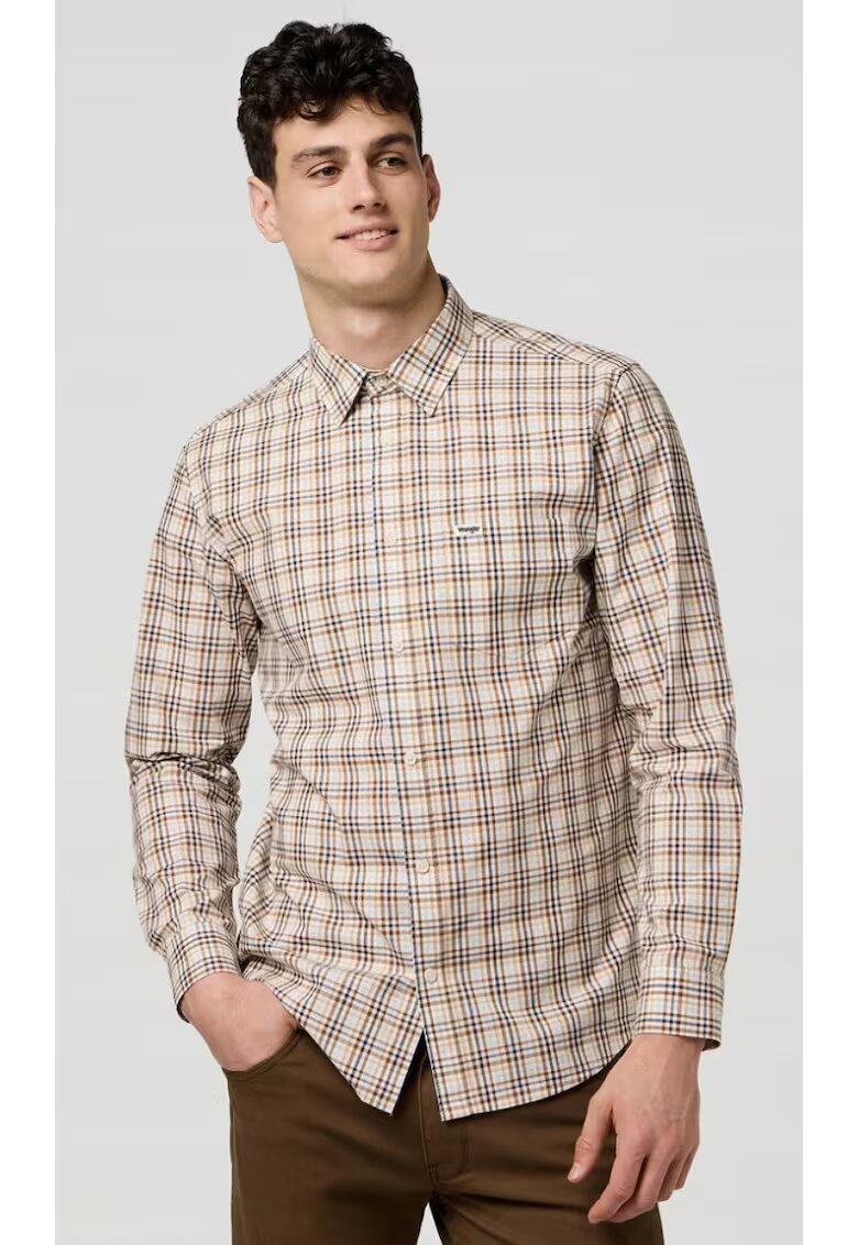 Wrangler Camasa barbati 1 Pocket Poplin Regular Fit - carouri alb - maro - bleumarin - bej - bumbac