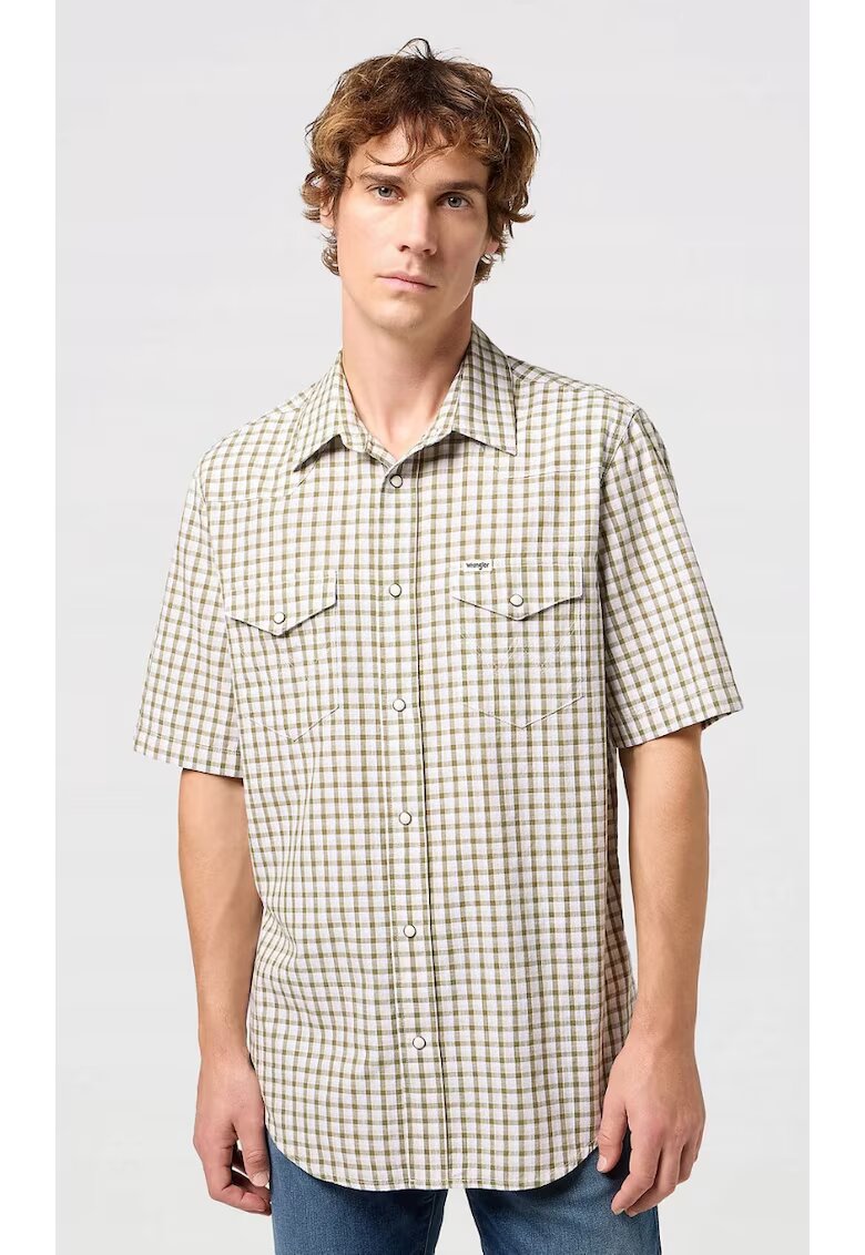 Wrangler Camasa barbati - carouri - verde - bumbac - maneca scurta - 2 buzunare cu clapa. -