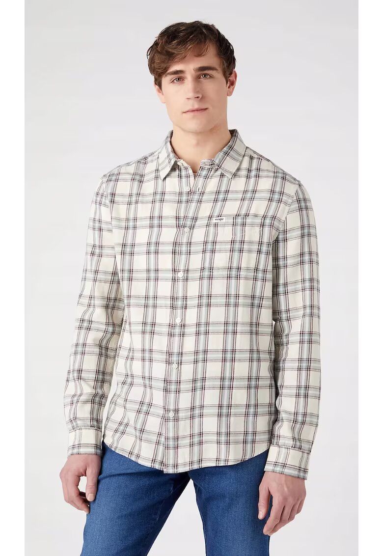 Wrangler Camasa barbati - cu 1 buzunar - carouri ecru - alb - bordo - bumbac -