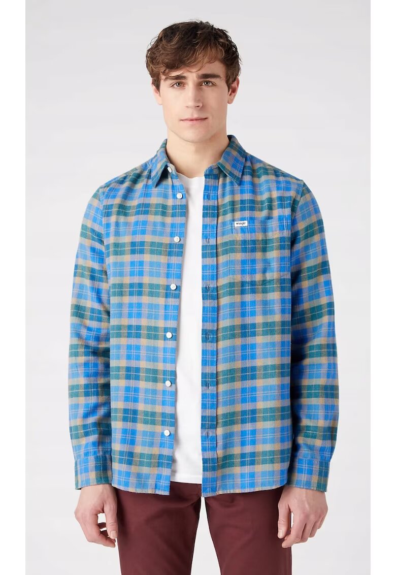 Wrangler Camasa barbati - model We Care - croiala regulata - carouri albastru-bej-verde - 100% bumbac -
