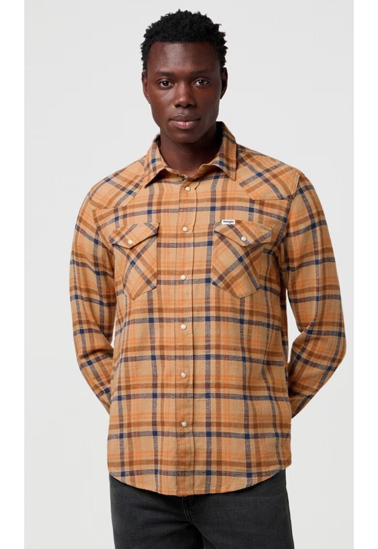 Wrangler Camasa barbati - model Western - bumbac - maro - albastru - maneca scurta - regular fit