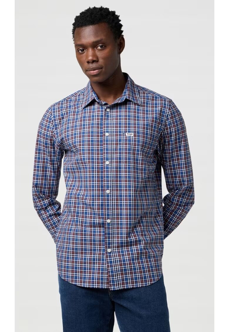 Wrangler Camasa barbati - poplin - albastru in carouri - bumbac - maneca scurta