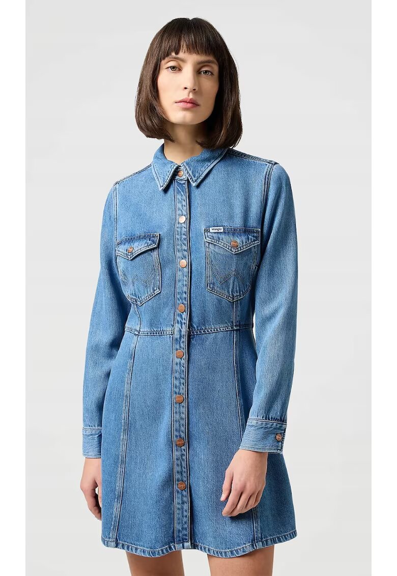 Wrangler Rochie tip camasa denim/lyocell - croiala mulata-evazata - albastru deschis -