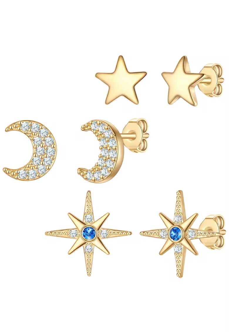 Yokoamii Set de cercei placati cu aur de 14K - zirconia si tija - 3 perechi - Auriu