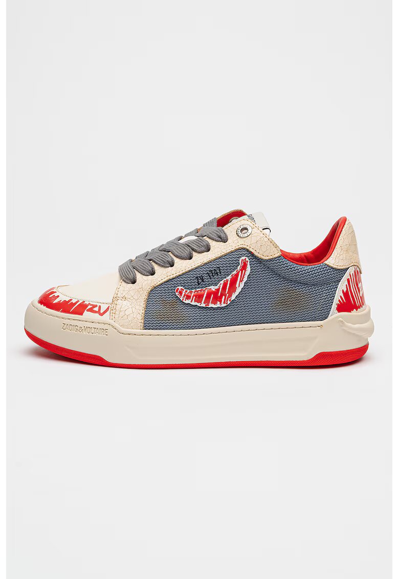 Zadig & Voltaire Pantofi sport din piele cu model si aspect uzat - Albastru prafuit/Rosu vermillion/Bej deschis