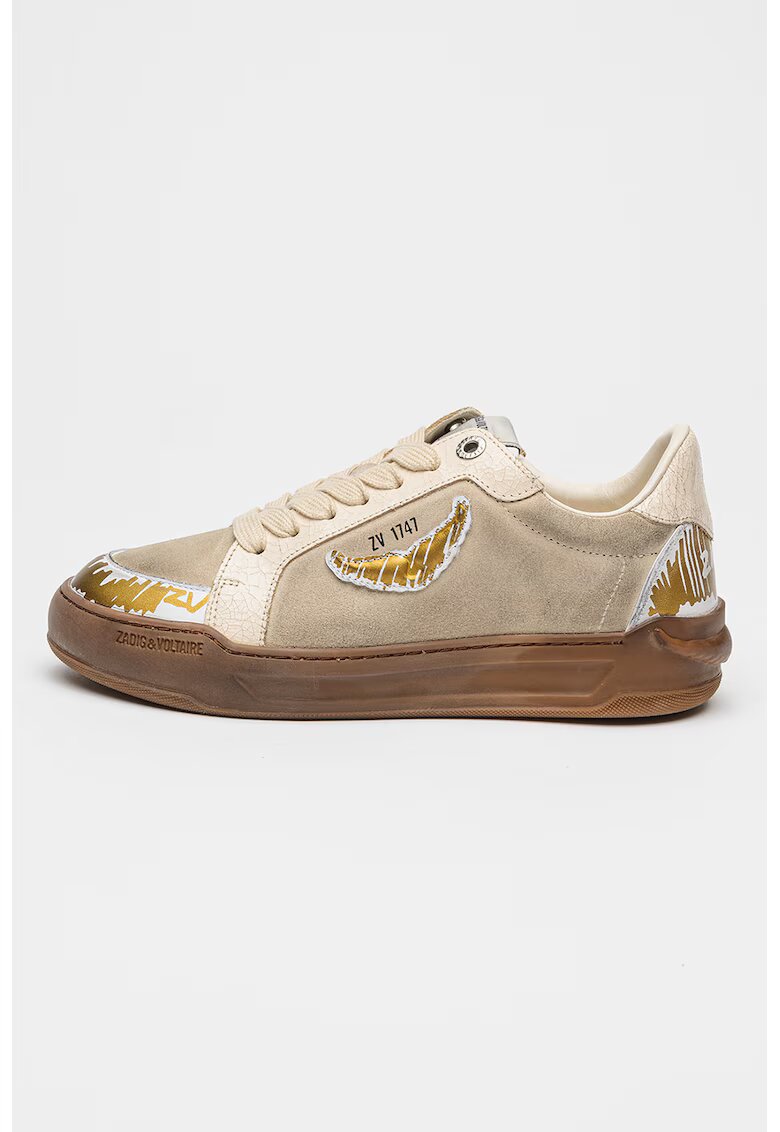 Zadig & Voltaire Pantofi sport din piele si piele intoarsa cu detalii contrastante - Gri cenusiu/Bej deschis