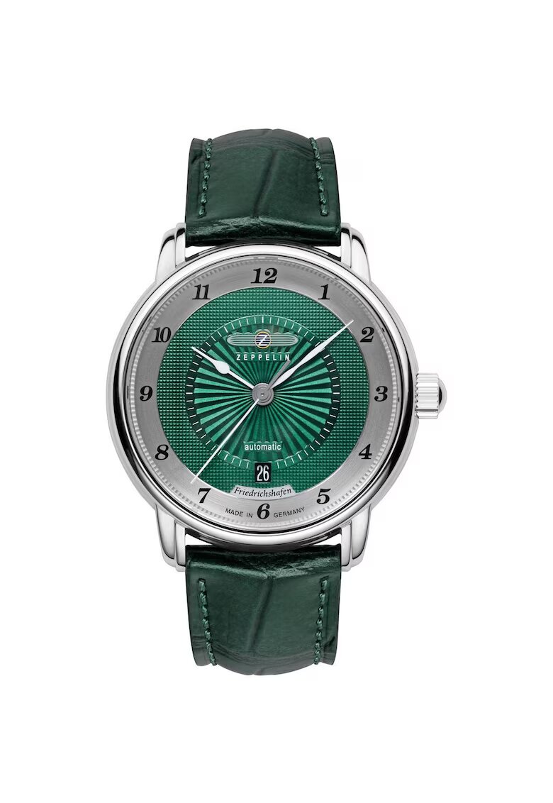 Zeppelin Ceas Barbatesc Friedrichshafen 8556-2 Mecanism Automat - Carcasa Otel Inoxidabil Argintiu 40mm - Cadran Verde - Geam Safir - Curea Piele Verde - Rezistent la Apa 50m - Coroana Insurubata
