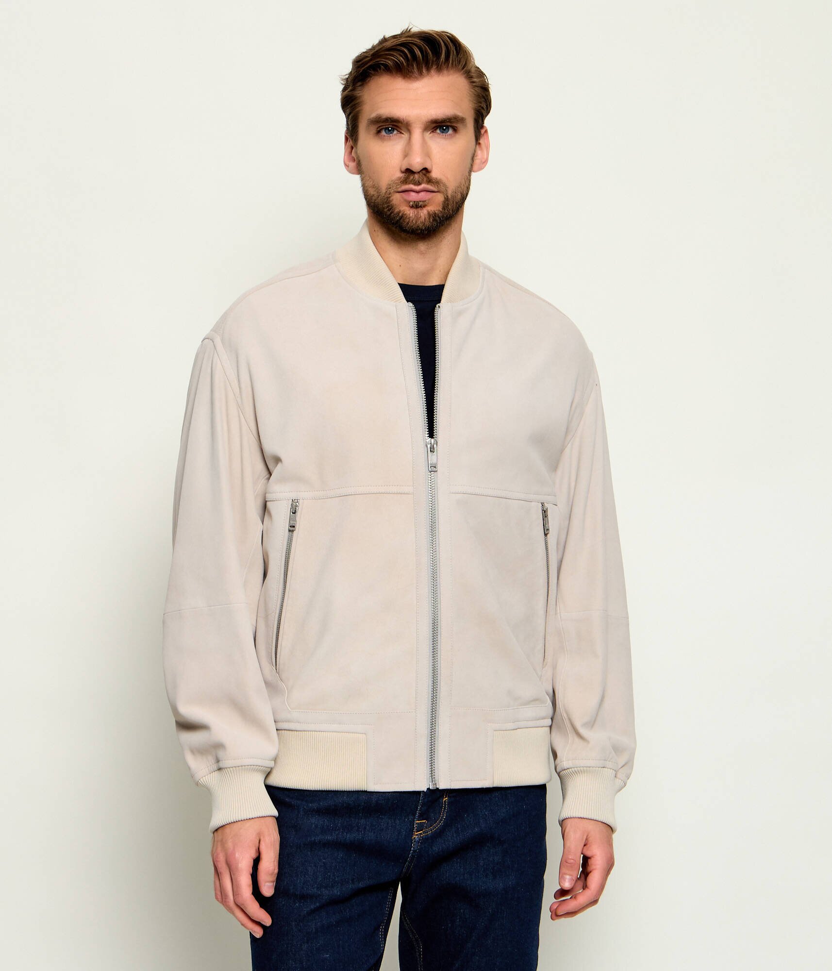 BOSS Orange Geacă bomber Jonorve | piele întoarsă | Slim Fit cu adaos de piele