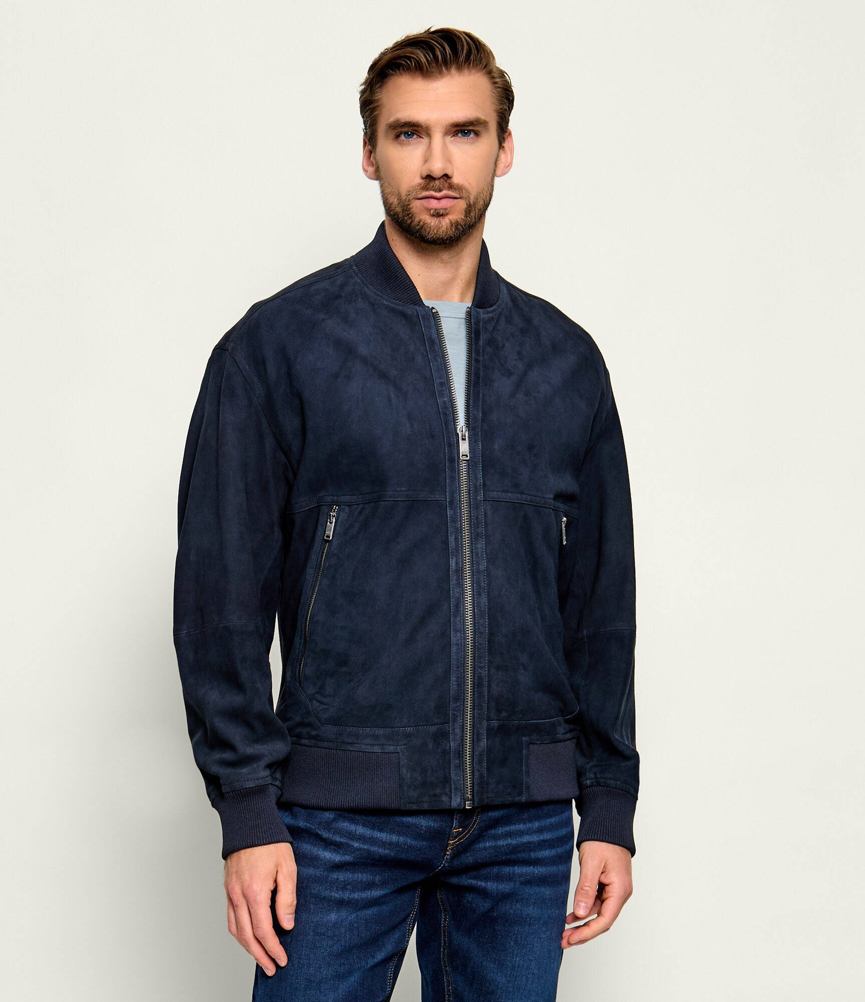 BOSS Orange Geacă bomber Jonorve | piele întoarsă | Slim Fit cu adaos de piele