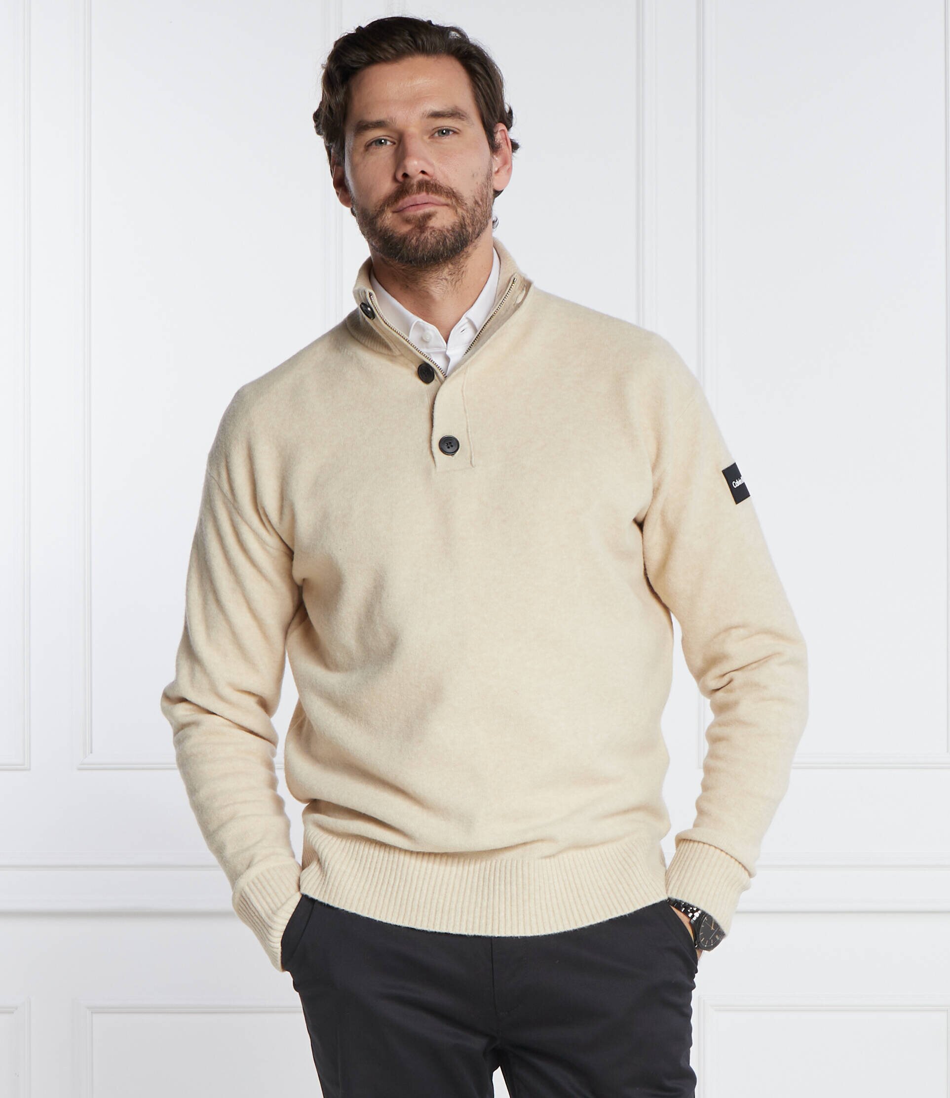 Calvin Klein Pulover LYCRA BLEND BUTTON QUARTER ZIP | Regular Fit cu adaos de lână