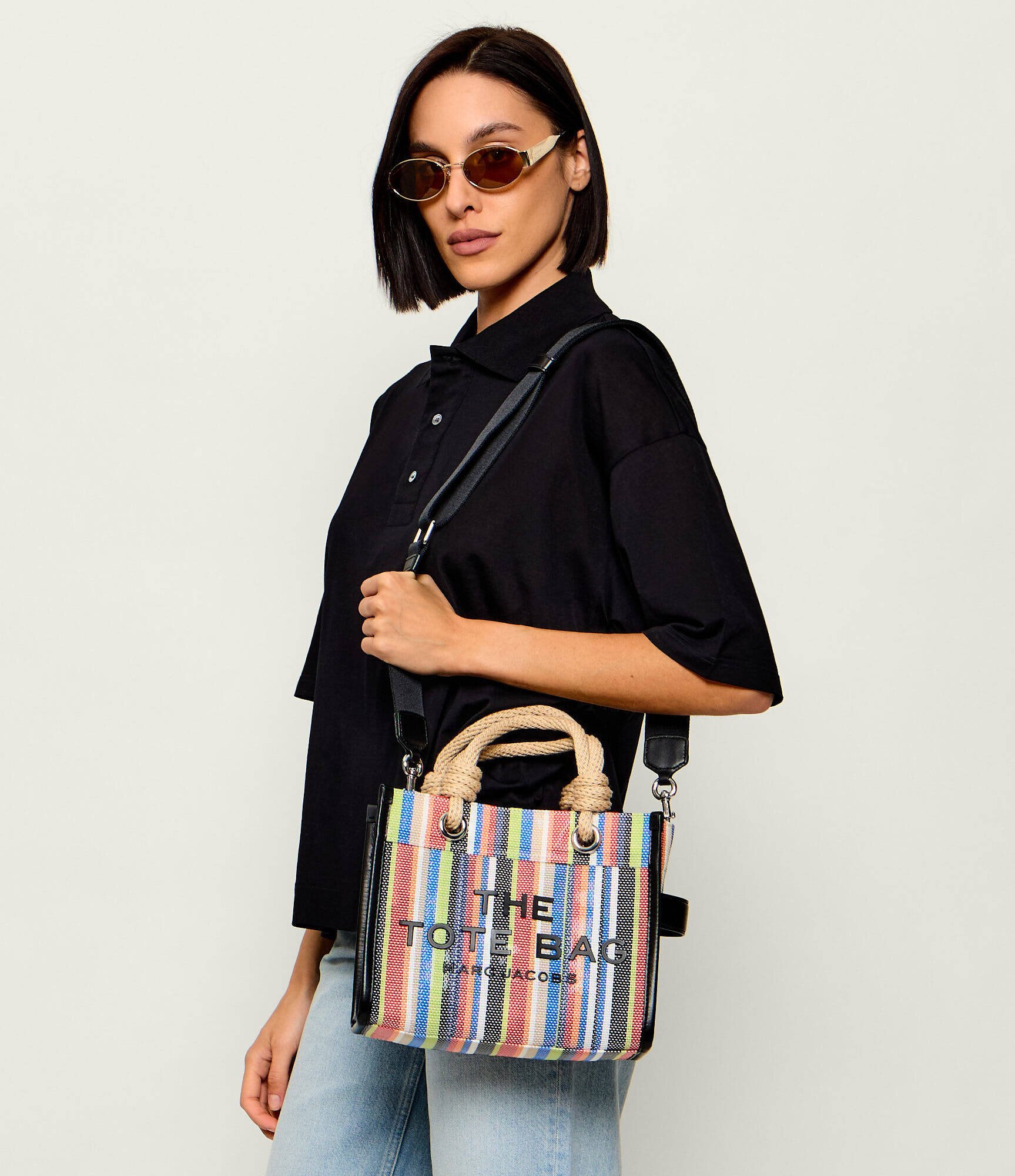 MARC JACOBS Cufăr The Stripe Mesh Small Tote Bag cu adaos de piele