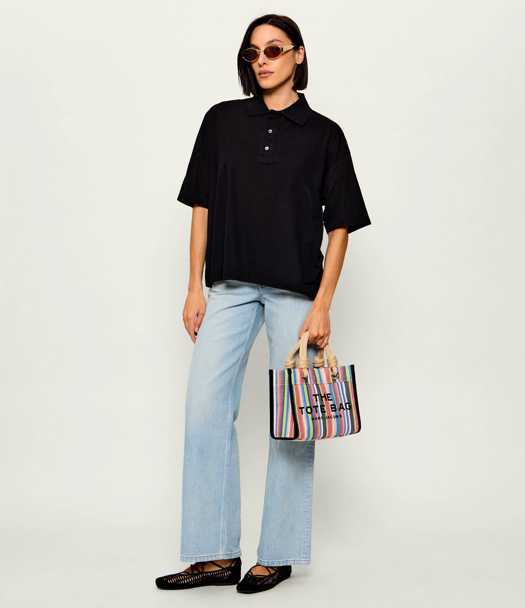 MARC JACOBS Cufăr The Stripe Mesh Small Tote Bag cu adaos de piele