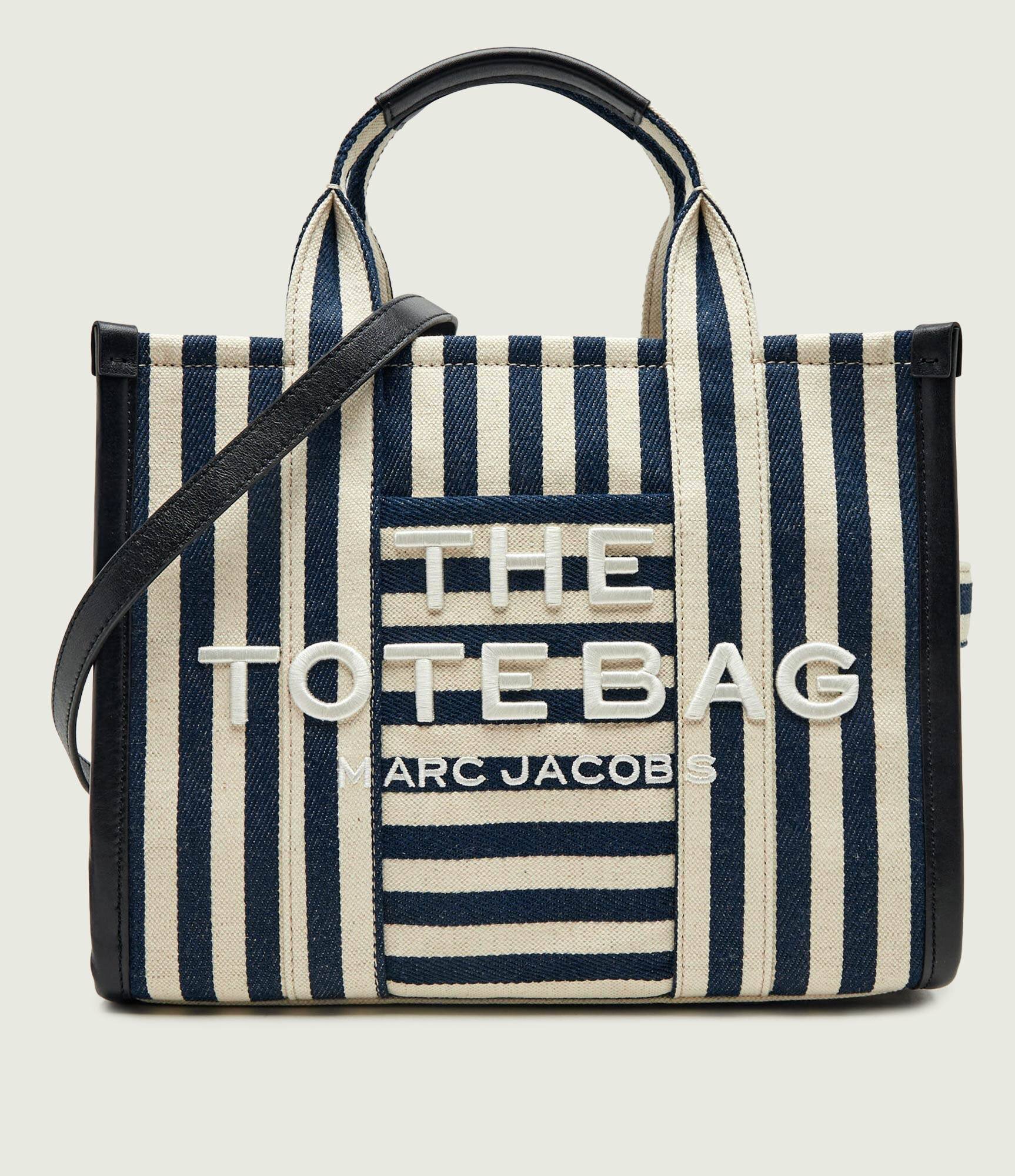 MARC JACOBS Geantă shopper The Stripe Canvas Medium Tote Bag cu adaos de piele