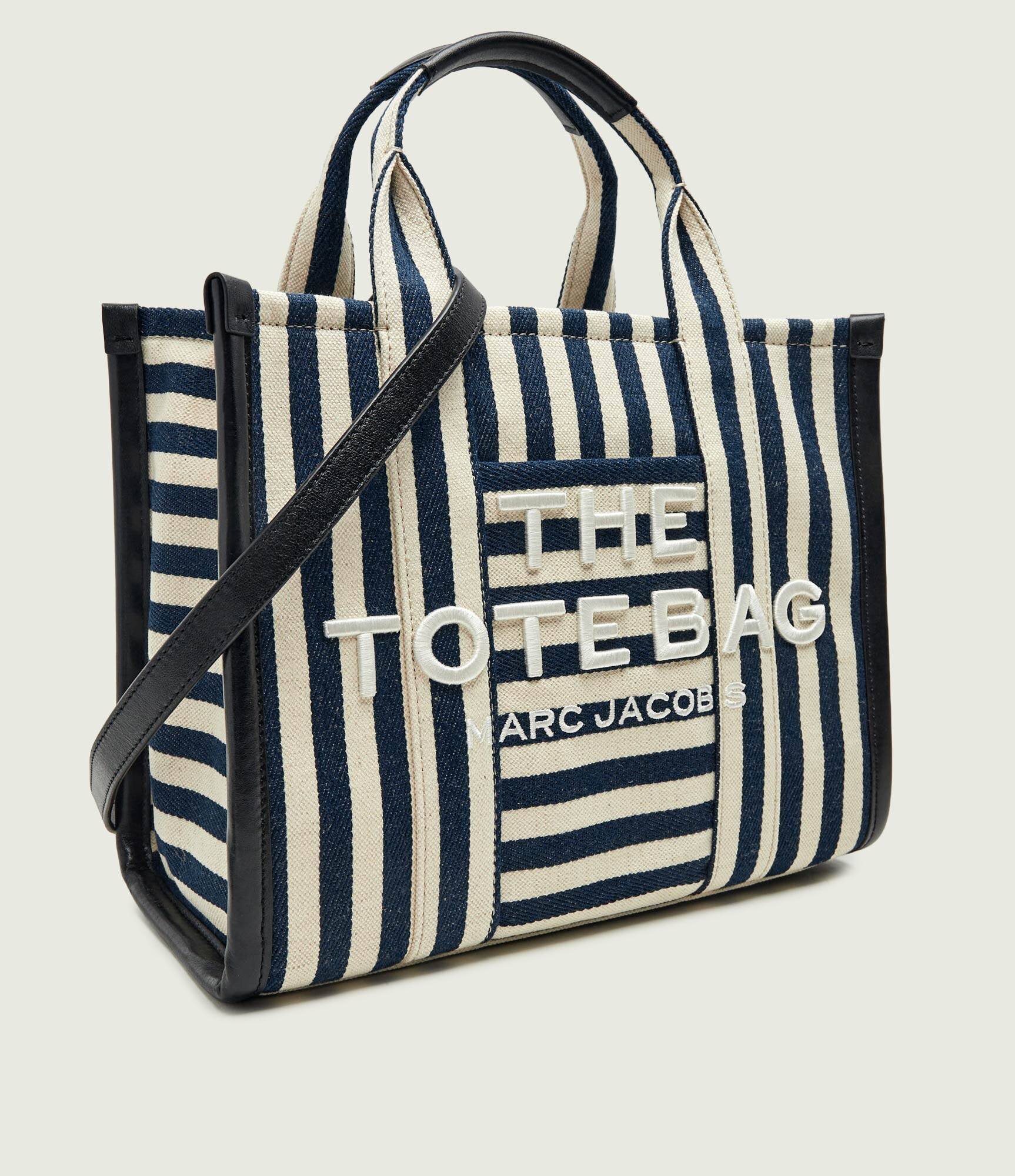 MARC JACOBS Geantă shopper The Stripe Canvas Medium Tote Bag cu adaos de piele