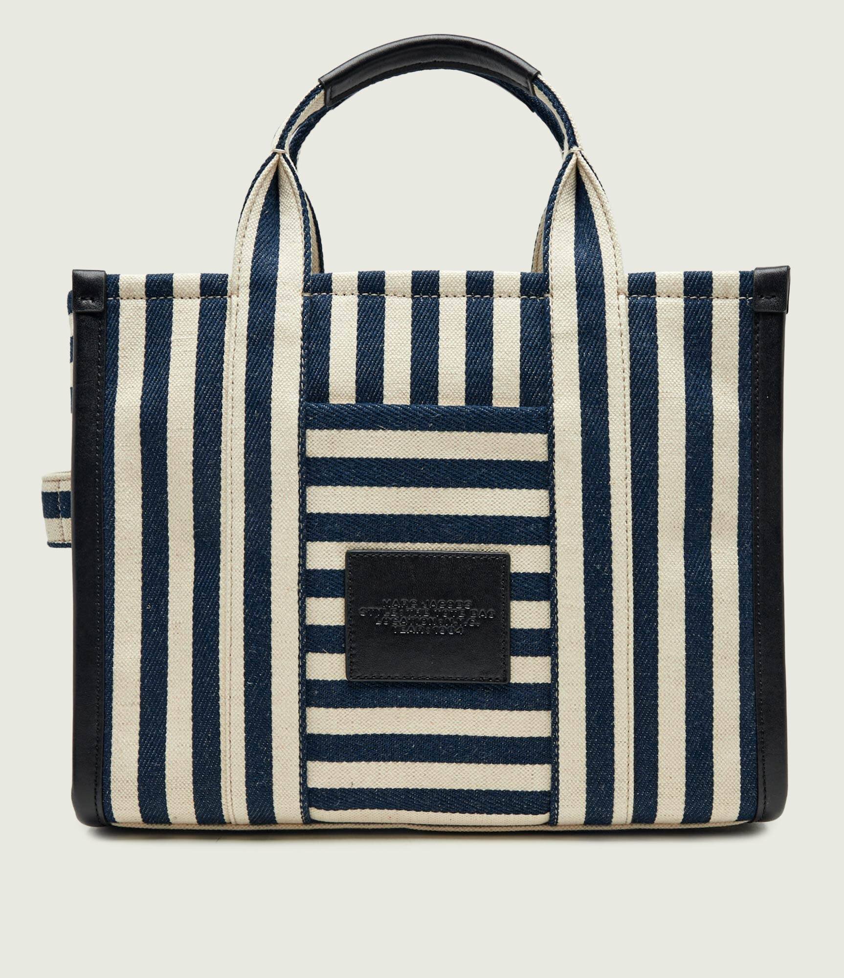 MARC JACOBS Geantă shopper The Stripe Canvas Medium Tote Bag cu adaos de piele