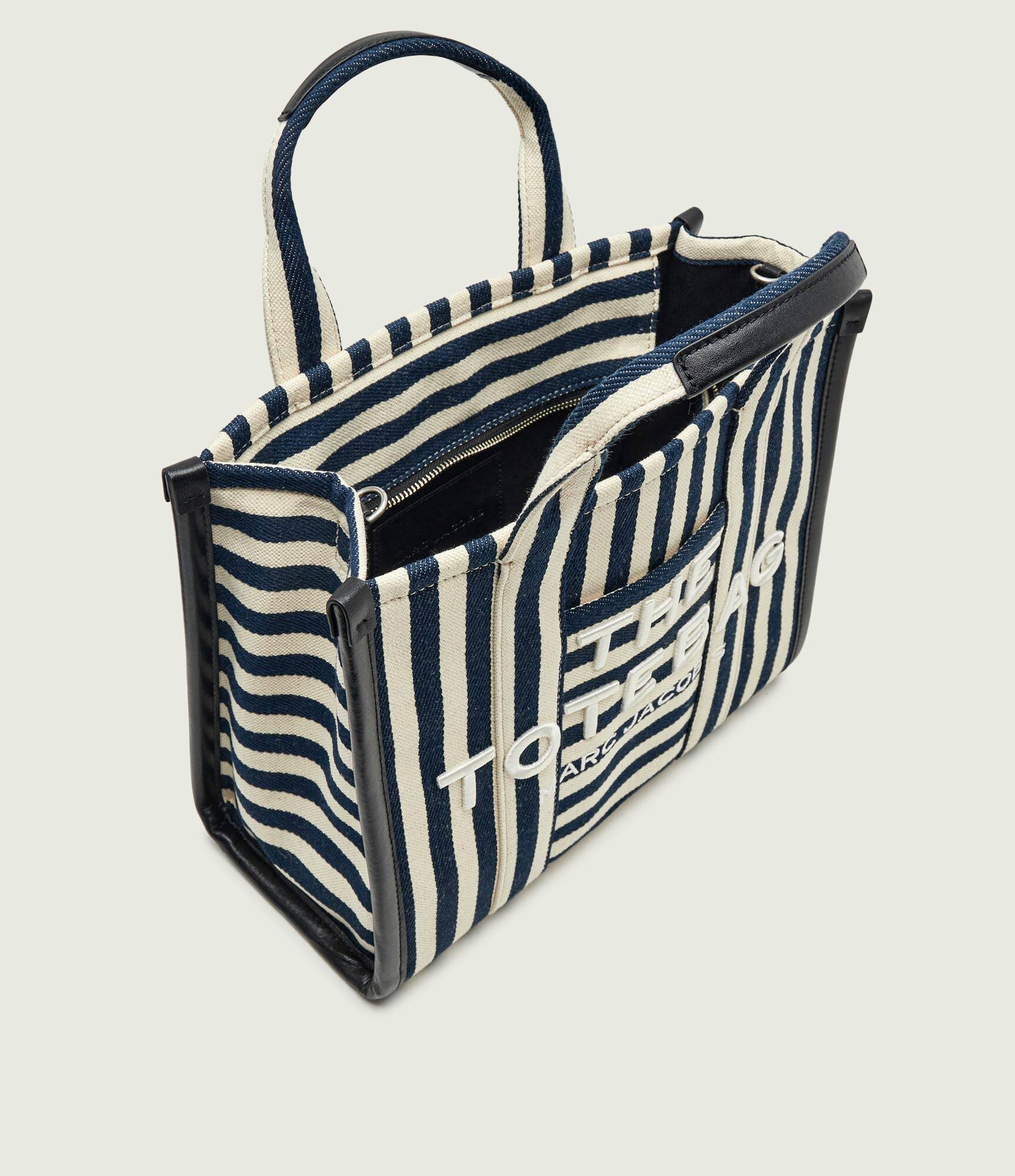 MARC JACOBS Geantă shopper The Stripe Canvas Medium Tote Bag cu adaos de piele