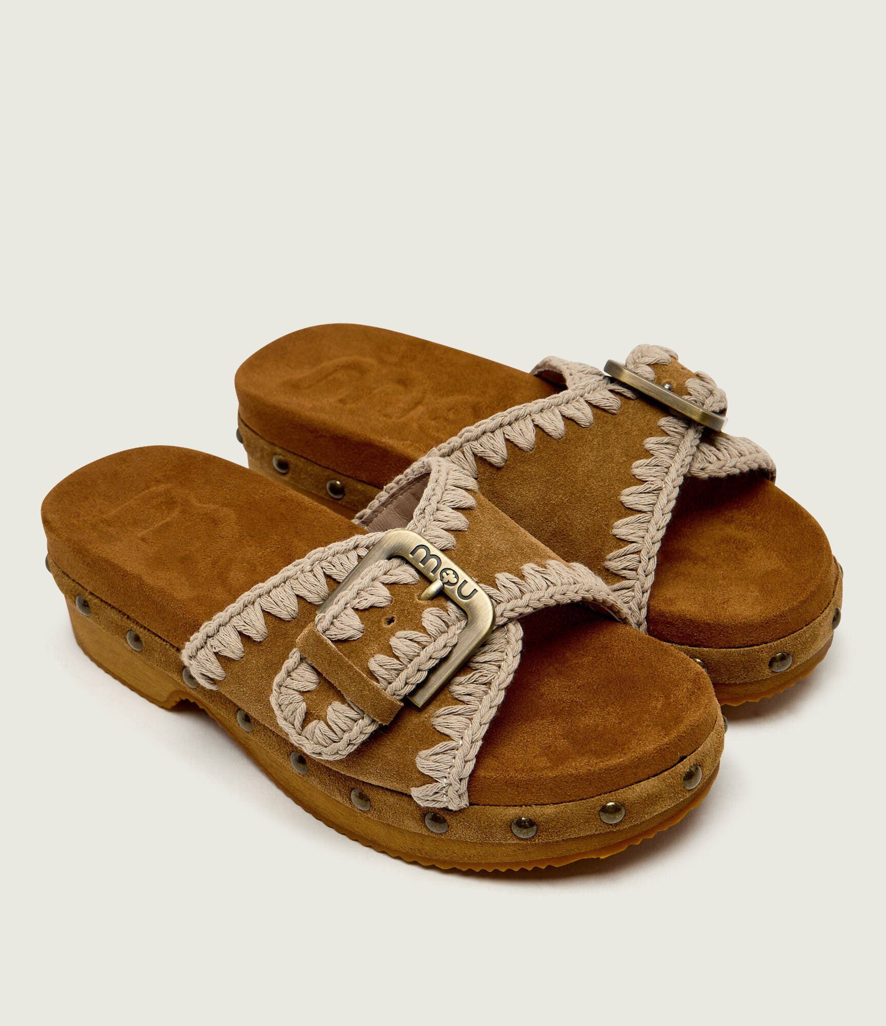 Mou Șlapi Low heel wood clog | piele întoarsă