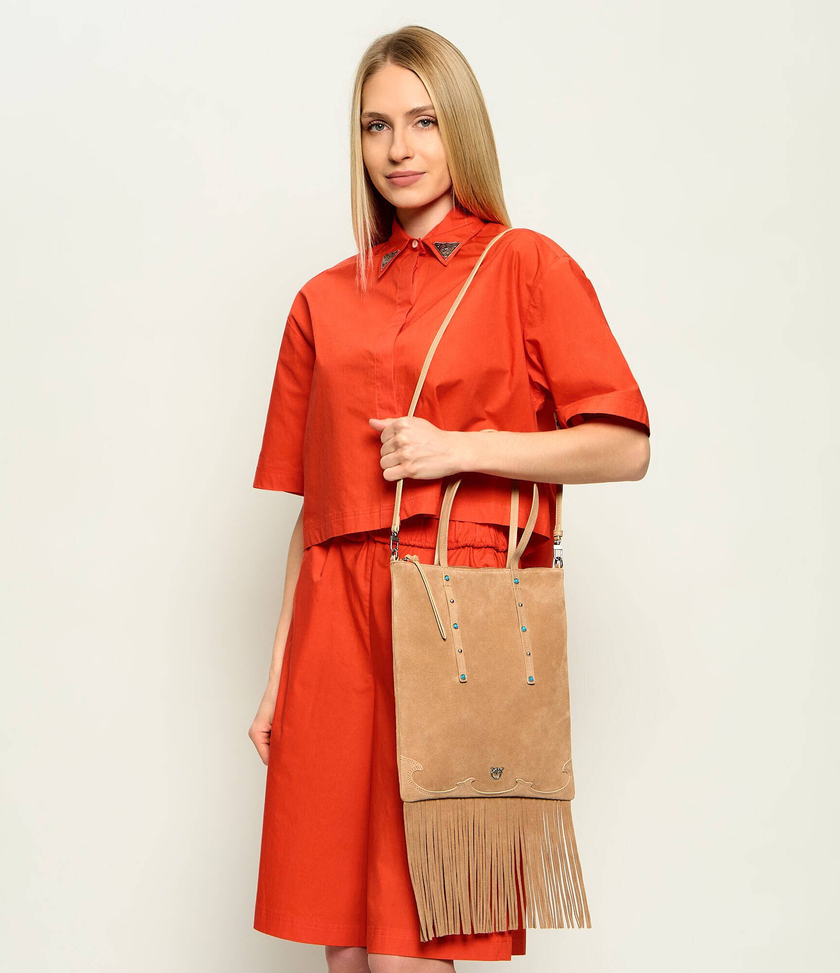 Pinko Geantă pe umăr MINI SHOPPER FRINGES | piele întoarsă