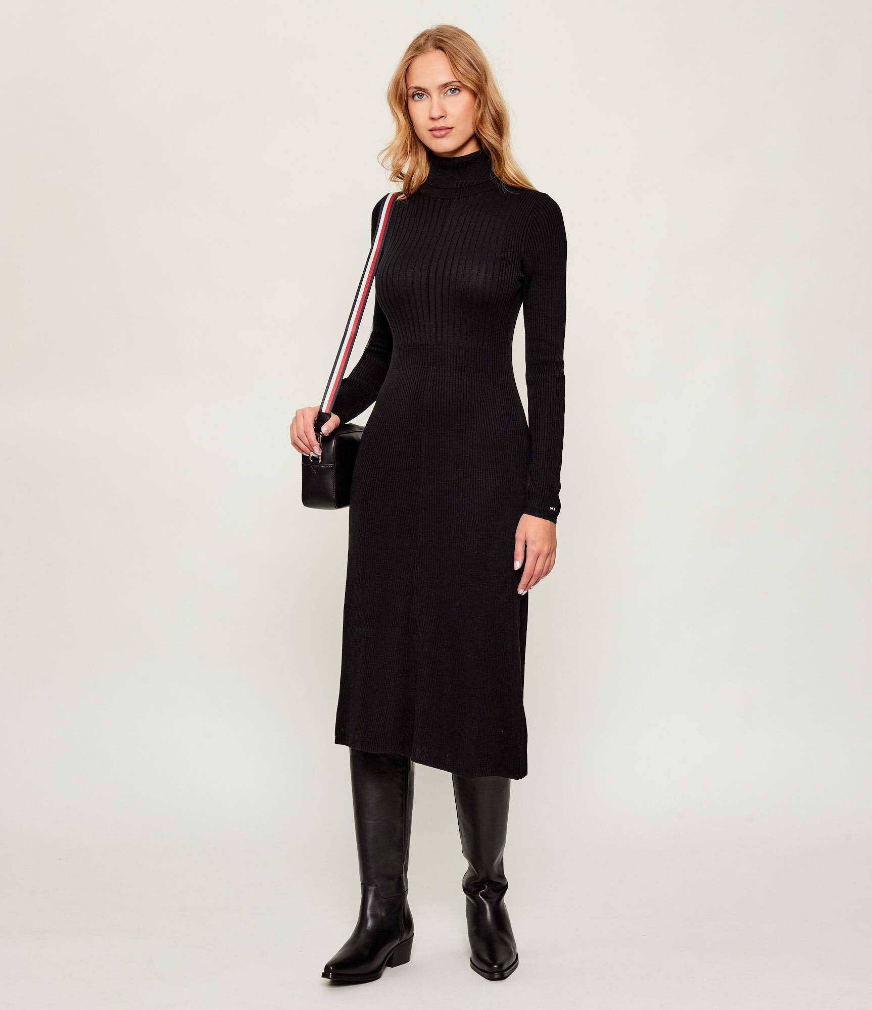 Tommy Hilfiger Rochie RIB ROLL-NK cu adaos de mătase