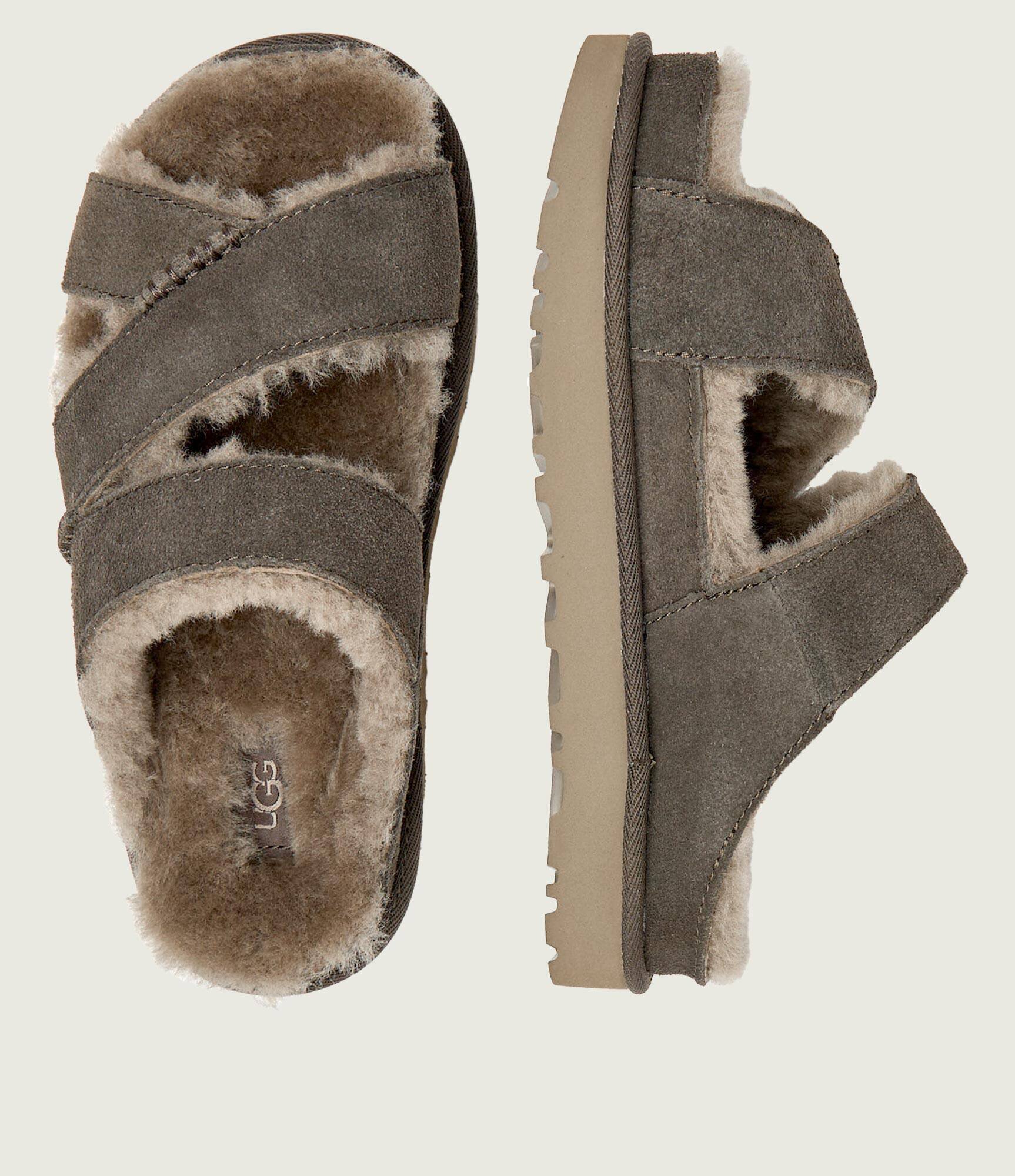 UGG Căptușite papuci de casă W Greenport Cross Strap Slide | piele întoarsă (zamsz) | cu adaos de lână