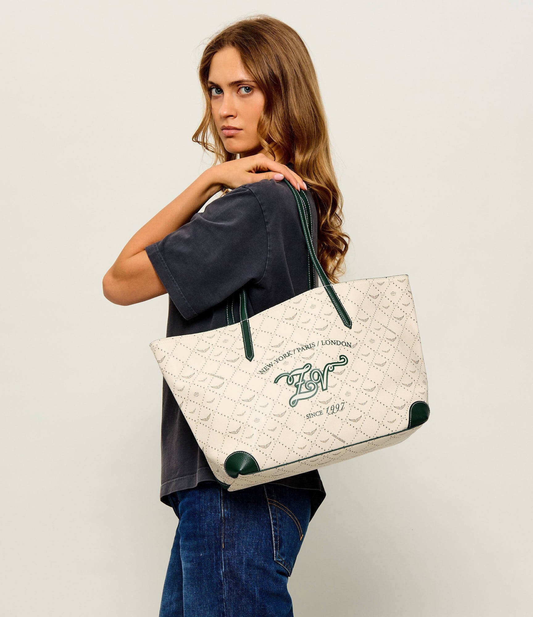 Zadig & Voltaire Geantă shopper Monogram Tennis cu adaos de piele