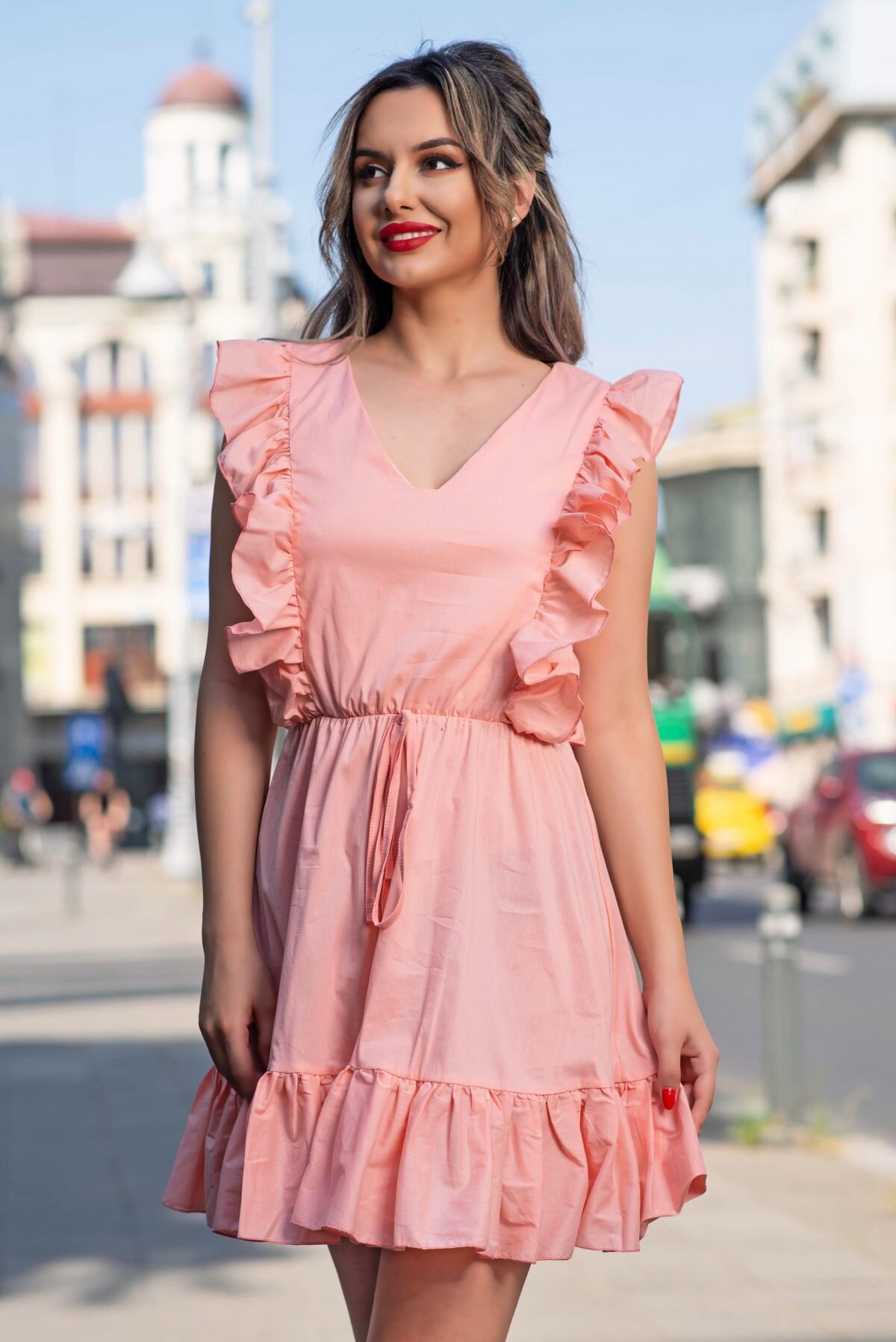 Atmosphere Rochie de vara din poplin somon cu volanase