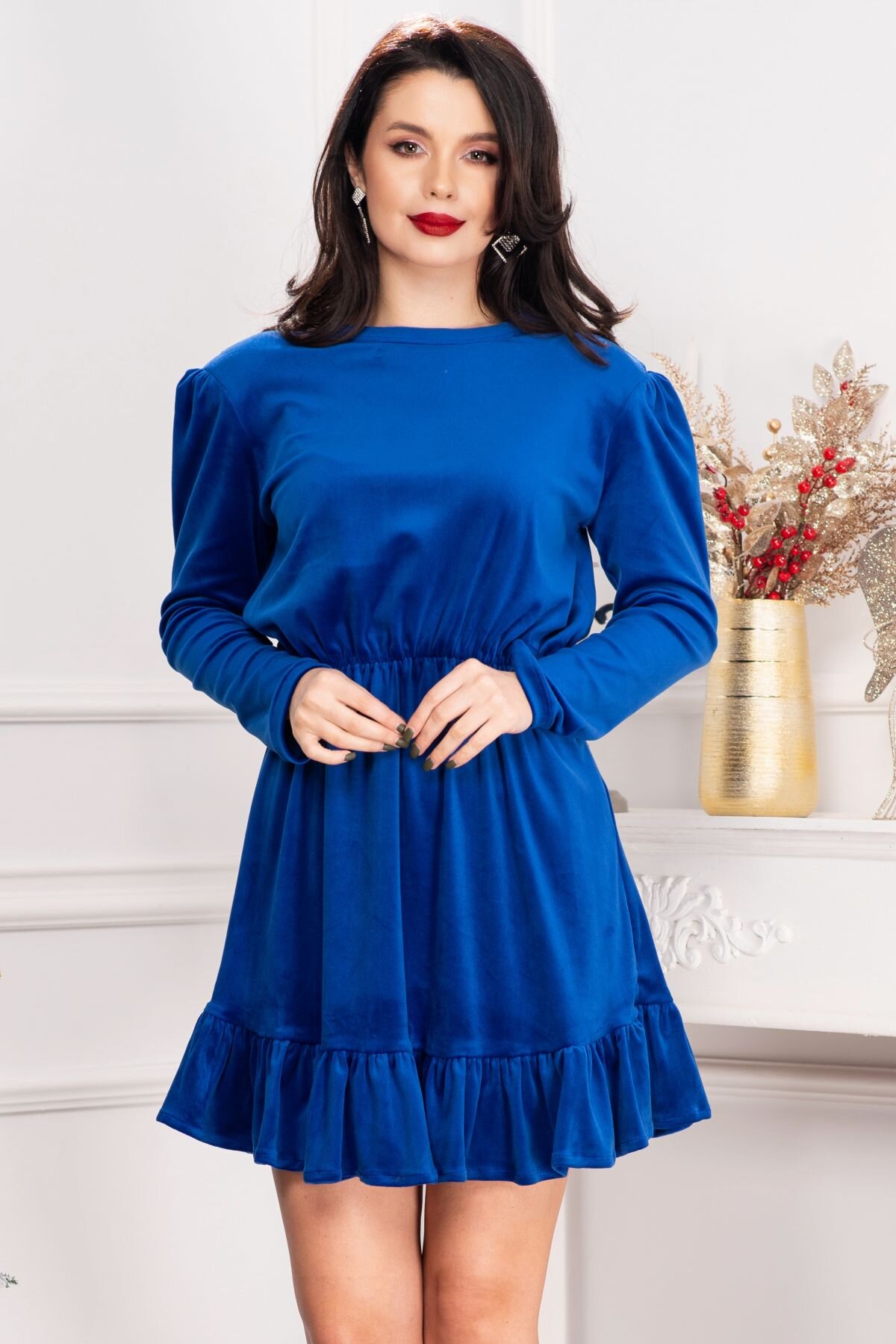 Chanttal Rochie dama Cherry din catifea albastru royal cu volanas