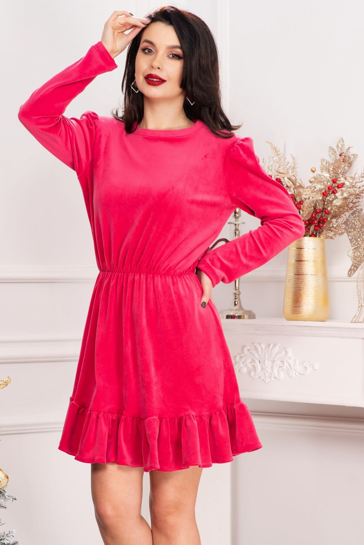 Chanttal Rochie dama Cherry din catifea fucsia cu volanas