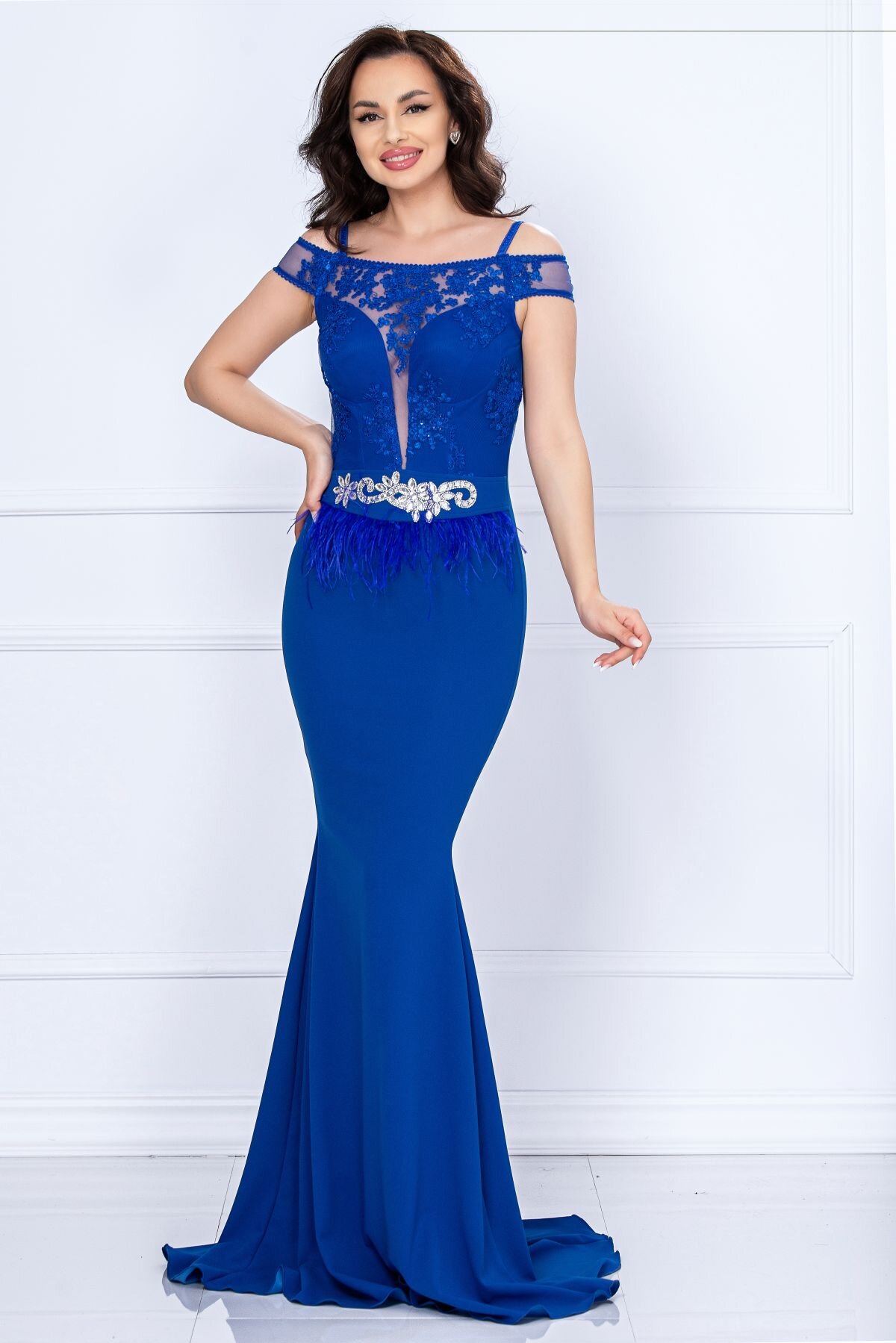 Chanttal Rochie de nasa Renata albastru-royal tip sirena cu broderie si fulgi