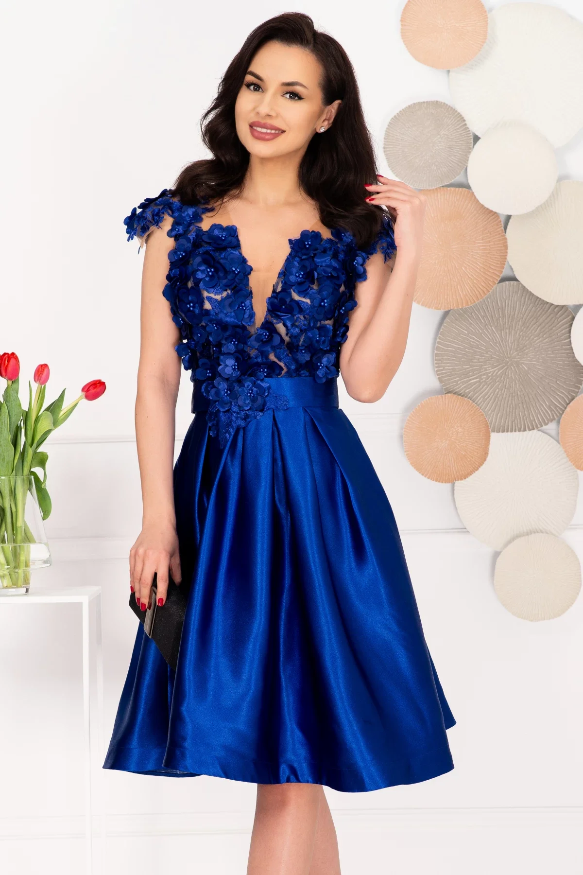 Chanttal Rochie de ocazie eleganta albastra in clos Liana cu flori 3D