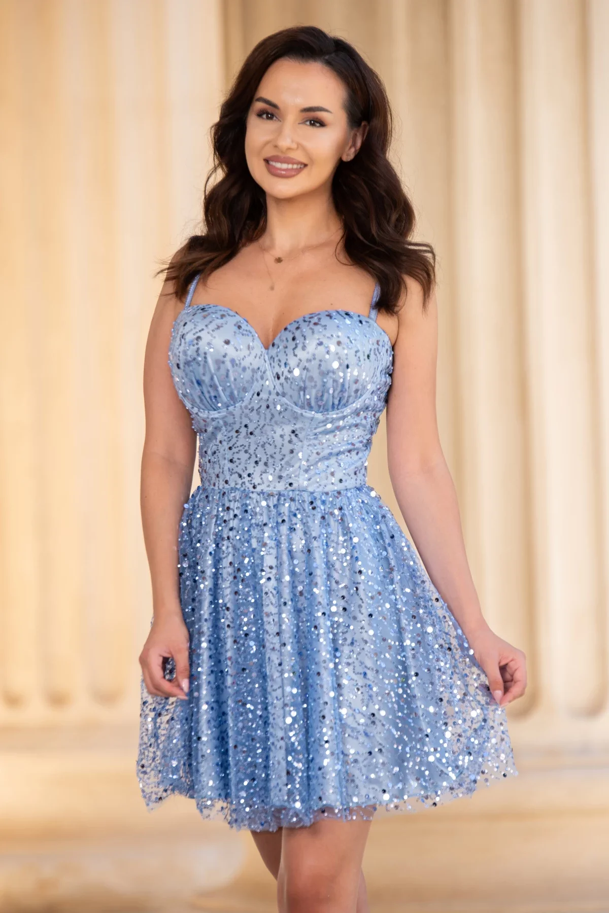 Chanttal Rochie de ocazie mini bleu in clos decorata cu paiete