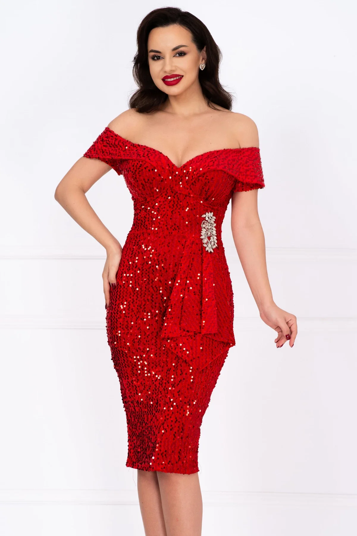 Chanttal Rochie de ocazie rosie din paiete Iolanda cu accesoriu din strassuri
