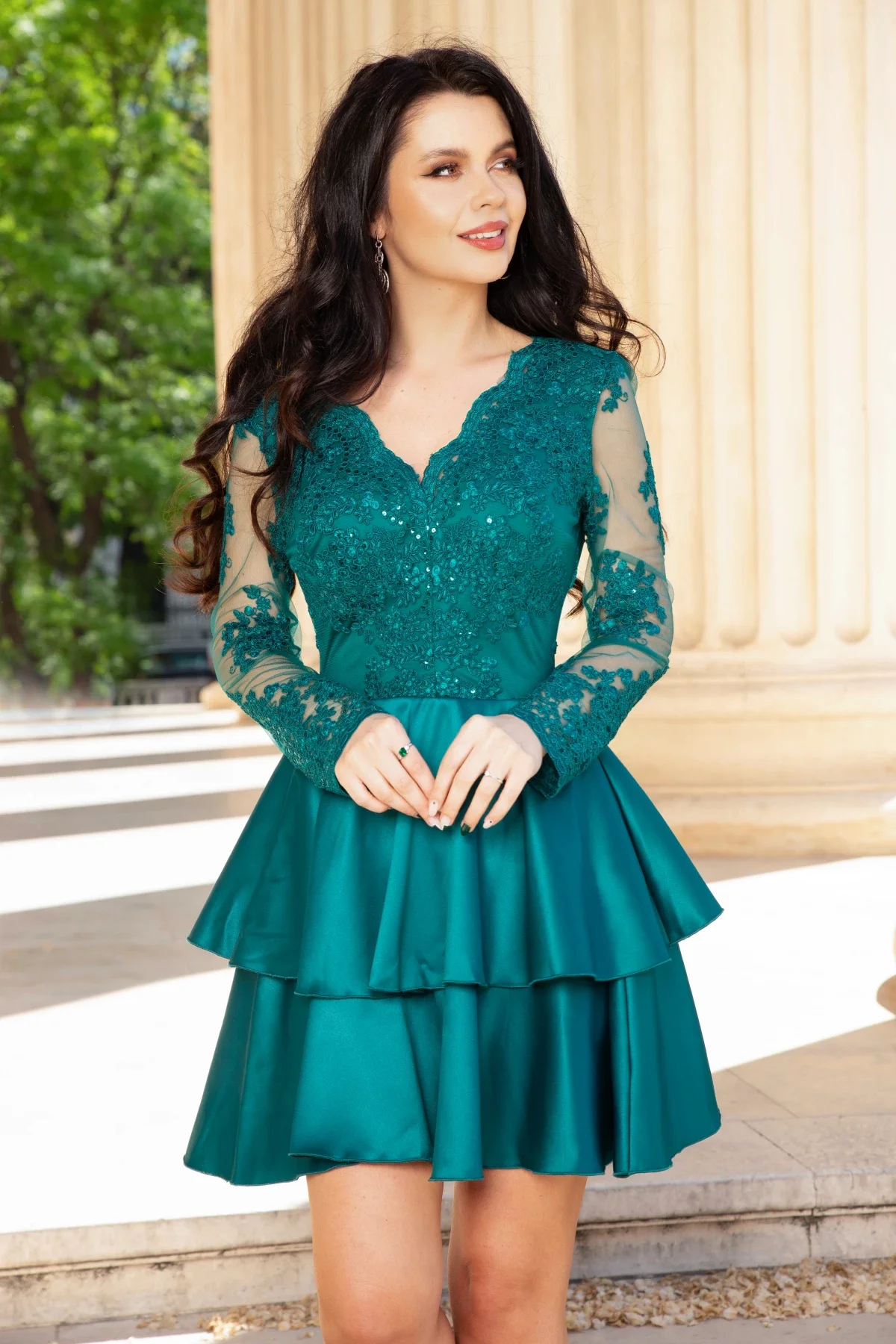 Chanttal Rochie de ocazie verde baby-doll eleganta cu dantela si volane