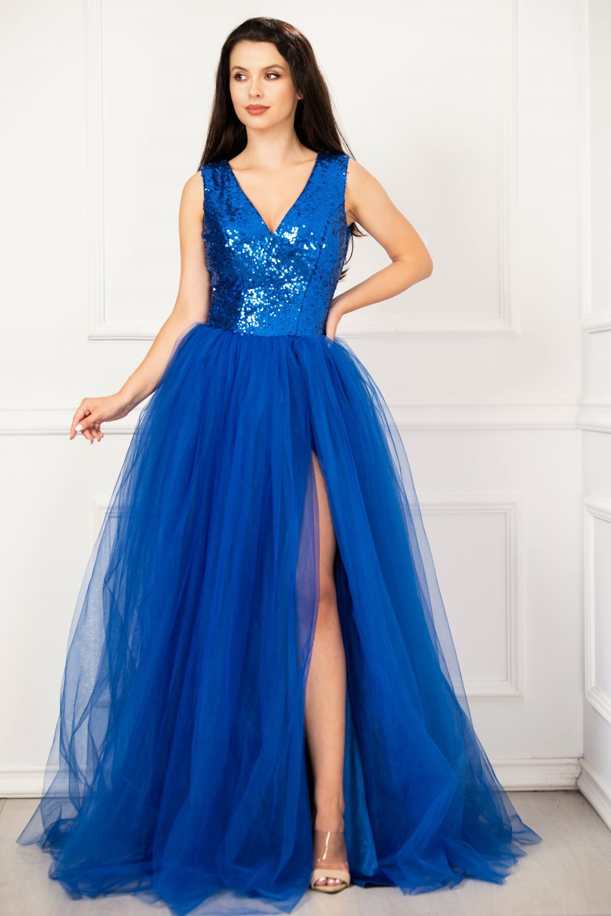 Chanttal Rochie de seara eleganta Cinderella albastru royal din tulle cu paiete