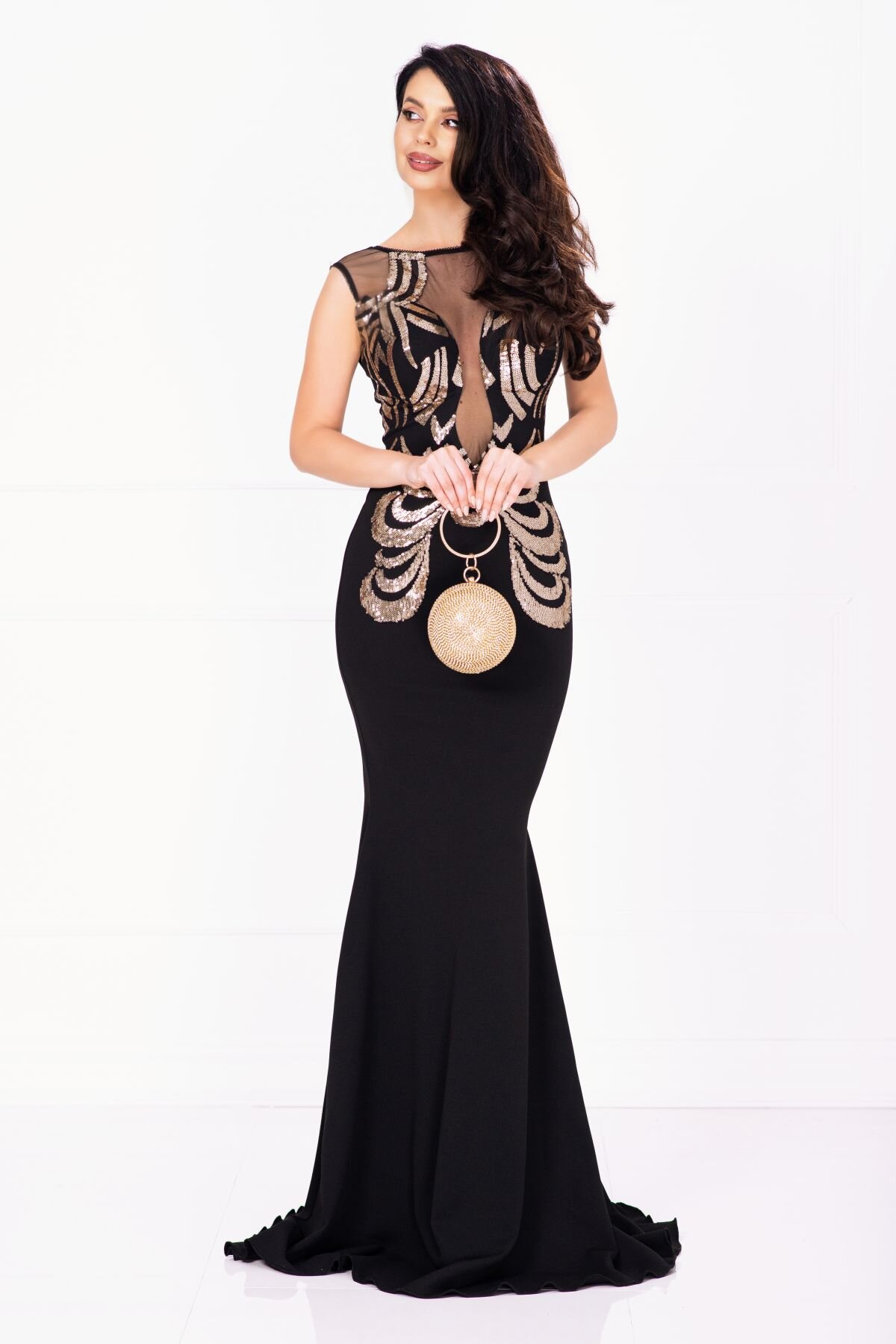 Chanttal Rochie de seara eleganta lunga Bekky neagra cu model din paiete aurii
